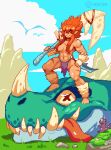  1girl axe blue_sky bone_weapon dinosaur fur_trim grass hill loincloth long_bangs long_hair looking_at_viewer muscular muscular_female original pip_(artofpip) pixel_art pointy_ears red_eyes red_hair scar sky spiked_hair tongue tongue_out topless 