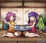  2girls bare_legs barefoot china_dress chinese_clothes closed_eyes cup dragon_girl dragon_wings dress fae_(fire_emblem) fire_emblem fire_emblem:_the_binding_blade fire_emblem:_the_sacred_stones gold_trim green_wings highres holding holding_cup laughing mug multiple_girls myrrh_(fire_emblem) pale_skin pink_hair plant potted_plant purple_hair screen_door seiza short_hair signature sitting table tatami thaumana twintails wings 