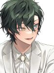  11942tm 1boy absurdres alternate_hairstyle blue_eyes collared_shirt commentary_request ensemble_stars! formal green_hair hair_between_eyes heterochromia highres jacket kagehira_mika korean_commentary lapels looking_to_the_side male_focus notched_lapels open_mouth portrait shirt short_hair simple_background solo teeth white_background white_jacket yellow_eyes 