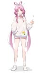  1girl absurdres bare_legs bow-shaped_hair closed_mouth coin coin_flip forehead_jewel fu_xuan_(honkai:_star_rail) hair_ornament hairpin hand_in_pocket highres honkai:_star_rail honkai_(series) hood hoodie k/a legs long_hair looking_at_viewer low_twintails naked_sweater no_pants orange_eyes pink_hair shoes simple_background socks solo sweater thighs twintails very_long_hair white_background white_footwear white_hoodie white_socks 