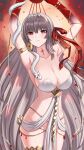  1girl armlet armpits arms_up bare_shoulders belly_chain blush body_markings bracelet breasts cleavage collarbone colored_skin durga_(fate) earrings facial_mark fate/grand_order fate_(series) forehead_mark gradient_skin grey_hair hair_ribbon highres jewelry large_breasts long_hair looking_at_viewer pelvic_curtain red_skin revealing_clothes ribbon sash shinsaku_(stan-art) snake solo thighs very_long_hair 
