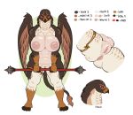  anthro anus avian back_wings barbarian big_breasts bracelet breasts brown_body brown_feathers butt fantasy feathered_wings feathers female genitals gold_legband gryphon half-closed_eyes huge_breasts humanoid_genitalia humanoid_pussy jewelry model_sheet mythological_avian mythology narrowed_eyes neck_tuft nude pussy quarterstaff red_sclera roly simple_background solo tan_body tan_feathers thick_thighs tuft warrior white_background wide_hips wings 
