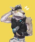  2023 5_fingers anthro blush bottomwear canid canine canis clothing epic_games fingerless_gloves fingers fist fortnite gloves hand_behind_head handwear hi_res kenjilokung mammal one_eye_closed pants simple_background smile teeth wendell_(fortnite) wolf yellow_background 