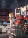  1girl absurdres air_conditioner analog_clock bench blurry blurry_foreground bottle box braid cardboard_box ceiling_light clock clothes_dryer colored_sclera commentary_request detergent highres holding indoors inkling inkling_girl jellyfish_(splatoon) laundromat laundry laundry_basket laundry_cart long_hair no_smoking okaranko open_mouth orange_eyes orange_hair paper pink_footwear plant pointy_ears print_shirt red_eyes red_hair rug salmon_run_(splatoon) salmonid sandals scenery shadow shirt short_sleeves side_braid sigh single_braid smallfry_(splatoon) splatoon_(series) splatoon_3 spray_bottle standing stool sweatdrop t-shirt tentacle_hair tile_floor tiles toes towel wall_clock washing_machine water_bottle white_shirt yellow_sclera 
