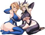  2girls absurdres ahoge arm_behind_head arm_up armpits artoria_pendragon_(fate) artoria_pendragon_(lancer)_(fate) artoria_pendragon_(lancer_alter)_(fate) ass bare_shoulders black_bodysuit blonde_hair blue_gloves blue_leotard blue_thighhighs bodysuit braid breasts center_opening cleavage cleavage_cutout clothing_cutout crown delfin59 elbow_gloves fate/grand_order fate_(series) french_braid gloves green_eyes hair_between_eyes highleg highleg_leotard highres horns large_breasts leotard long_hair looking_at_viewer multiple_girls navel revealing_clothes ribbed_bodysuit sidelocks sitting thighhighs underboob underbust wariza yellow_eyes 