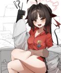  !? 1girl @_@ absurdres ahoge black_hair blue_archive blush chirpy crossed_legs demon_horns demon_tail disembodied_limb highres horns kasumi_(blue_archive) lab_coat long_hair looking_at_viewer open_mouth red_shirt shirt sitting sleeves_past_fingers sleeves_past_wrists solo_focus tail thigh_grab yellow_eyes 