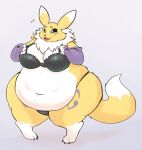  anthro bandai_namco belly big_belly blue_eyes bra breasts canid catarsi clothing digimon digimon_(species) female fur love_handles mammal navel obese overweight overweight_female renamon solo thick_thighs underwear wide_hips yellow_body yellow_fur 