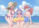  1boy 2girls blue_eyes breasts cleavage closed_mouth cloud earrings goggles goggles_on_headwear grandia grandia_i green_hair hat highres innertube jewelry justin_(grandia) lily_(grandia) long_hair looking_at_viewer mother_and_son multiple_girls navel nyx666 ocean open_mouth purple_hair puui_(grandia) red_hair sand smile sue_(grandia) swimsuit 