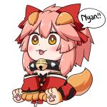  1girl animal_ear_fluff animal_ears animal_hands bell blush cat_paws collar fang fate/grand_order fate_(series) fox_ears fox_girl fox_tail gloves hair_ribbon japanese_clothes jingle_bell keita_naruzawa kimono neck_bell open_mouth paw_gloves paw_shoes pink_hair ponytail red_kimono red_ribbon ribbon sitting solo speech_bubble tail tamamo_(fate) tamamo_cat_(fate) tamamo_cat_(first_ascension)_(fate) transparent_background yellow_eyes 