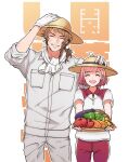  1boy 1girl ascot bell_pepper bob_cut brown_hair carrot closed_mouth cowboy_shot eggplant food gardening grey_pants grey_shirt grin hand_on_another&#039;s_head hand_on_own_head hat highres holding holding_food holding_vegetable medium_hair mikage_kojirou open_mouth pants pink_hair pink_pants protagonist_(tokimemo_gs4) sen3s shirt short_hair short_sleeves sleeves_rolled_up smile straw_hat teeth tokimeki_memorial tokimeki_memorial_girl&#039;s_side_4th_heart tomato two-tone_shirt vegetable white_ascot 