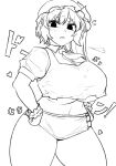  1girl breasts commentary_request curvy flandre_scarlet flying_sweatdrops haseru_(ginku_mh) hat heart high_contrast looking_at_viewer mob_cap monochrome navel one_side_up parted_lips short_sleeves simple_background solo touhou underboob 