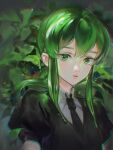  1other androgynous black_necktie blurry character_name closed_mouth crystal_hair depth_of_field gem_uniform_(houseki_no_kuni) green_eyes green_hair green_theme hair_rings houseki_no_kuni jade_(houseki_no_kuni) long_hair looking_at_viewer maccha_(mochancc) nature necktie other_focus puffy_short_sleeves puffy_sleeves red_lips short_sleeves sidelocks solo upper_body wet 
