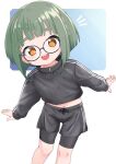  1girl bespectacled bike_shorts bike_shorts_under_shorts black_jacket black_shorts bob_cut braid brown_eyes feet_out_of_frame french_braid glasses green_hair jacket kantai_collection leaning_to_the_side looking_at_viewer nassukun navel open_mouth round_eyewear round_teeth short_hair shorts shorts_under_shorts side_braid sidelocks smile solo takanami_(kancolle) teeth thick_eyebrows upper_teeth_only 