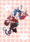  1girl ahoge animal_ears blue_eyes blue_hair bow cat_ears cat_tail choker crescent crescent_hair_ornament crescent_necklace crop_top elbow_gloves fangs frills full_body gloves hair_ornament hairband heart highres jewelry kemonomimi_mode looking_at_viewer midriff navel necklace plaid plaid_skirt red_choker red_skirt rena_lanford skirt smile solo star_ocean star_ocean_anamnesis star_ocean_the_second_story suspenders tail yu_7th_sense 