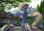  absurd_res anthro areola barbel_(anatomy) biped blonde_hair blue_body breasts building clothing detailed_background dragon eastern_dragon ewgengster_(artist) female flesh_whiskers green_eyes hair hi_res horn house long_tail nipples nude outside panties plant solo tail traditional_media_(artwork) tree underwear wings yin_yang 