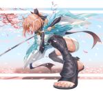  1girl absurdres ahoge arm_guards black_bow black_scarf blonde_hair boots bow fate/grand_order fate_(series) feet foreshortening full_body hair_bow haori highres holding japanese_clothes katana kimono koha-ace legs obi oda_uri okita_souji_(fate) okita_souji_(koha-ace) open_mouth sandals sash scarf shinsengumi short_hair short_kimono sleeveless sleeveless_kimono solo sword tachi_(weapon) thigh_boots thighhighs toeless_legwear toenails toes user_xjse7283 weapon white_kimono yellow_eyes 