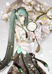  1girl absurdres alternate_costume aqua_eyes aqua_hair bangs black_hairband black_skirt closed_mouth flower hair_flower hair_ornament hairband hatsune_miku highres holding long_hair long_sleeves magnolia miku_day miku_with_you_(vocaloid) osage_(8545675) petals shaohua_hatsune_miku shirt skirt solo twintails vocaloid white_flower white_shirt 