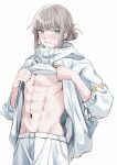  1boy abs averting_eyes baggy_clothes bare_pectorals blue_eyes blush bow closed_mouth cowboy_shot embarrassed facing_viewer fate/grand_order fate_(series) grey_background grey_hair groin hair_bun hands_up highres jacket jacket_lift lifted_by_self long_sleeves male_focus navel oberon_(fate) official_alternate_costume pants pectorals sausu_hitori short_hair simple_background solo sweat turtleneck turtleneck_jacket white_bow white_jacket white_pants 