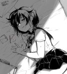  1girl aged_down artist_name bag bed braid commentary_request cowboy_shot dated greyscale hair_flaps hair_over_shoulder highres jingei_(kancolle) kantai_collection kirisawa_juuzou long_hair love_letter lying monochrome on_side pillow pleated_skirt school_uniform serafuku single_braid skirt solo tears torn_letter 
