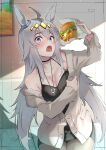  absurdres ahoge animal_ears armpit_crease black_shirt black_skirt blue_eyes blush breasts burger buttons cardigan cleavage collarbone floral_print food grey_cardigan grey_hair hair_between_eyes hair_ornament highres holding holding_food horse_ears horse_girl horse_tail horseshoe_necklace indoors jewelry kojima_takeshi legs_together long_hair looking_at_viewer lower_teeth_only off_shoulder oguri_cap_(umamusume) open_cardigan open_clothes painting_(object) pencil_skirt pendant ring see-through see-through_shirt shadow shirt sidelocks single_bare_shoulder skirt sleeveless sleeveless_shirt small_breasts tail teeth textless_version thighs umamusume 