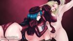  1boy 2girls ass bad_source blonde_hair blue_hair breasts character_request clothed_female_nude_male femdom handjob highres leather milking_handjob multiple_girls nude painkillerakapk red_leather self-upload the_queendom_of_lithzena 