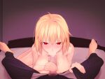 1boy 1girl arcueid_brunestud bar_censor blonde_hair blush breasts censored clothed_male_nude_female collarbone erection fellatio handjob hetero highres jewelry kunabishi large_breasts looking_at_viewer necklace nipples nude open_mouth oral penis pov puffy_nipples red_eyes short_hair solo_focus tohno_shiki tongue tongue_out tsukihime 