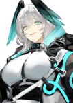  1girl aqua_eyes aqua_wings arknights between_breasts black_jacket breasts coat commentary english_commentary gnai head_wings ho&#039;olheyak_(arknights) infection_monitor_(arknights) jacket large_breasts looking_at_viewer looking_down open_clothes open_coat open_mouth shirt slit_pupils smile solo strap_between_breasts upper_body white_hair white_shirt wings 