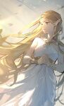  1girl aqua_eyes blonde_hair dress highres ichisaku long_dress long_hair pointy_ears princess_zelda solo strapless strapless_dress the_legend_of_zelda the_legend_of_zelda:_tears_of_the_kingdom very_long_hair white_dress 