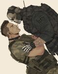  2boys absurdres arm_tattoo artist_name bara black_gloves black_hair black_jacket bulletproof_vest call_of_duty call_of_duty:_modern_warfare_2 camouflage camouflage_pants camouflage_shirt crossed_arms dilfborne_(ventiskull) facial_hair ghost_(modern_warfare_2) gloves green_pants green_shirt headphones highres jacket looking_at_another male_focus mask multiple_boys muscular muscular_male pants shirt short_hair skull_mask smile soap_(modern_warfare_2) tattoo watch wristwatch 