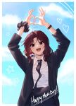  1girl annidrw black_necktie brown_eyes brown_hair brown_pants happy_birthday heart heart_hands highres long_hair necktie open_mouth original pants shirt solo suit teeth tongue white_shirt wristband 