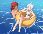  2girls ahoge alternate_hairstyle aqua_bikini bare_legs barefoot bikini bikini_top_only blue_bikini blue_eyes crossed_legs dark-skinned_female dark_skin feet gundam gundam_suisei_no_majo hair_down head_rest highres in_water innertube legs looking_at_viewer low_ponytail miorine_rembran multiple_girls open_mouth orange_bikini pink_eyes r_bishh red_hair sitting suletta_mercury swimsuit toes water white_eyes 