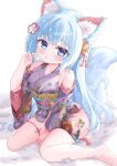  1girl animal_ear_fluff animal_ears arm_up barefoot bell between_legs blue_eyes blue_hair blush feet floral_print fox_ears fox_girl hair_ornament hand_between_legs hand_in_own_hair highres hiyada_yuu japanese_clothes jingle_bell kimono long_hair looking_at_viewer one_side_up open_mouth original pink_kimono print_kimono short_kimono sitting solo tail thighs toes 
