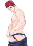  1boy ass ass_focus bara beard beard_stubble blue_male_underwear boku_no_hero_academia clothes_pull endeavor_(boku_no_hero_academia) expressionless facial_hair feet_out_of_frame flame_print from_behind jockstrap large_pectorals looking_at_viewer looking_back male_focus male_underwear mature_male muscular muscular_male pants pants_pull pectorals print_male_underwear scar scar_across_eye shiroshiro69 short_hair sideburns solo spiked_hair standing stubble thick_eyebrows turning_around underwear 