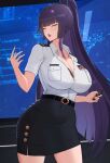  absurdres breasts cleavage closed_eyes commission hair_ornament highres long_hair military military_uniform mole mole_under_eye office open_mouth pencil_skirt pixiv_commission red_eyes skirt tatakau_ataisuru tattoo thighs ultra_(511455329) uniform yamaguchi_ryouko 
