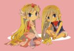  2girls alternate_hairstyle belt blue_eyes closed_mouth dress hair_down looking_at_viewer multiple_girls parted_bangs pointy_ears princess_zelda shirt simple_background smile tetra the_legend_of_zelda the_legend_of_zelda:_the_wind_waker tokuura toon_zelda 