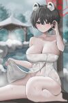  1girl absurdres animal_ears black_hair blue_archive blurry blurry_background blush breasts cleavage extra_ears halo highres jelly_soda large_breasts looking_at_viewer naked_towel navel onsen raccoon_ears short_hair sitting smile solo stomach towel tsubaki_(blue_archive) wet_towel 