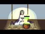  1girl bar_censor black_hair censored gaming_penis_ikebana_(meme) glowing glowing_penis gradient_hair green_hair japanese_clothes kimono letterboxed long_hair meme multicolored_hair obi original penis phallic_symbol pixel_art plant potted_plant purple_hair sash sitting solo very_long_hair warabin_(suteki_denpun) white_kimono wide_sleeves 