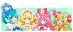  4girls :d aqua_eyes artist_logo blonde_hair blue_hair bow choker commentary_request copyright_name cure_finale cure_precious cure_spicy cure_yum-yum delicious_party_precure double_bun earrings eyelashes fuwa_kokone green_eyes hair_bow hair_bun hair_ornament hanamichi_ran happy jewelry kamikita_futago kasai_amane long_hair looking_at_viewer magical_girl medium_hair multiple_girls nagomi_yui open_mouth pink_eyes pink_hair precure purple_eyes smile stamp_mark 