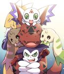  6+others claws clenched_hand closed_eyes culumon digimon digimon_(creature) gloves green_eyes guilmon holding_digimon horns impmon lao_wen looking_at_viewer lopmon multiple_boys multiple_others no_humans open_mouth red_gloves renamon teeth terriermon upper_teeth_only 