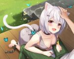  1girl animal_ear_fluff animal_ears azuki_yui barefoot black_collar blue_butterfly blush breasts bug butterfly cat_ears cat_girl cat_tail chain collar collarbone cuffs deck_(architecture) dress fang fish_hair_ornament grass grey_dress grey_hair hair_ornament hand_on_another&#039;s_head headpat open_mouth original pink_eyes plant shackles small_breasts stairs stone_stairs tail toenails toes 