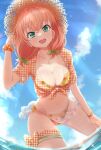  1girl bikini breasts checkered_clothes cleavage floral_print front-tie_bikini_top front-tie_top green_eyes hat hinoshita_kaho large_breasts link!_like!_love_live! looking_at_viewer love_live! medium_hair orange_bikini orange_hair sarong satolive20 see-through_sarong shirt solo straw_hat sun_hat swimsuit tied_shirt unmoving_pattern wading water 