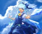  1girl blue_bow blue_dress blue_eyes blue_hair blue_sky bow breasts cirno cloud collared_shirt commentary_request dress feet_out_of_frame flower hair_bow hidden_star_in_four_seasons ice ice_wings looking_at_viewer mogukk neck_ribbon one_eye_closed open_mouth pinafore_dress plant puffy_short_sleeves puffy_sleeves red_ribbon ribbon shirt short_hair short_sleeves sky sleeveless sleeveless_dress small_breasts smile solo sunflower tan tanned_cirno touhou v vines white_shirt wings 