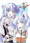  1990s_(style) 2girls absurdres belt blue_eyes blue_hair gekiganger_3 gekiganger_3_(mecha) hair_bobbles hair_ornament highres hoshino_ruri kidou_senkan_nadesico long_hair looking_at_viewer mecha misumaru_yurika multiple_girls orange_vest pencil_skirt retro_artstyle robot skirt super_robot tenkawa_akito twintails uniform vest white_hair yellow_eyes yoshinaga_masahiro 