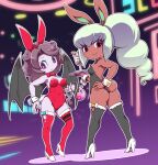  2girls animal_ears ass black_bow black_bowtie bow bowtie breasts bunny_mint casino character_request curly_hair demon_tail demon_wings embarrassed eyelashes food holding holding_food holding_tray ice_cream medium_breasts multiple_girls nollety playboy_bunny ponytail purple_eyes purple_hair rabbit_ears rabbit_tail red_bow red_bowtie small_breasts smile sweatdrop tail thighhighs thighs tray white_hair wings youkai_watch 