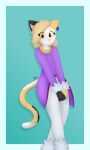  absurd_res anthro black_body black_fur blaze_the_cat blonde_hair blush blush_lines calico_cat clothed clothing cosplay crit_(critic4lcat) domestic_cat felid feline felis fur girly hair hi_res male mammal max_draws nervous_smile purple_clothing sega smile solo sonic_the_hedgehog_(series) standing white_body white_clothing white_fur yellow_body yellow_fur 