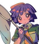  1boy :o bright_pupils bugsy_(pokemon) butterfly_net collared_shirt commentary_request green_shirt hand_net hand_up highres holding holding_butterfly_net male_focus neckerchief ok_ko19 parted_lips pokemon pokemon_hgss purple_hair shirt short_hair short_sleeves simple_background solo upper_body white_background white_pupils yellow_neckerchief 