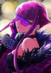  1girl bare_shoulders earrings fur_trim gloves hand_on_own_cheek hand_on_own_face highres hime_cut jewelry manon_(street_fighter) off_shoulder pink_hair purple-tinted_eyewear sidelocks solo street_fighter street_fighter_6 sunglasses tinted_eyewear yuu_(primenumber7) 