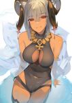  1girl absurdres animal_ears arknights bare_shoulders black_one-piece_swimsuit breasts carnelian_(arknights) carnelian_(shimmering_dew)_(arknights) cleavage cowboy_shot dark-skinned_female dark_skin goat_ears goat_girl goat_horns grey_hair groin highres horns large_breasts looking_at_viewer navel official_alternate_costume one-piece_swimsuit red_eyes short_hair simple_background sinoda smile solo swimsuit 