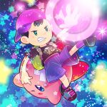  2boys black_footwear black_hair full_body hat kirby kirby_(series) mother_(game) mother_2 multiple_boys ness_(mother_2) one_eye_closed otoe_(milkyboy_inc.) pink_skirt purple_headwear shirt shoes shorts skirt striped striped_shirt super_smash_bros. voice_actor_connection 