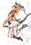  1girl animal_ears brown_eyes brown_hair extra_ears horns impala_(kemono_friends) ise_(0425) jumping kemono_friends looking_at_viewer ribbon shirt shoes short_hair simple_background skirt socks solo tail weapon wristband 